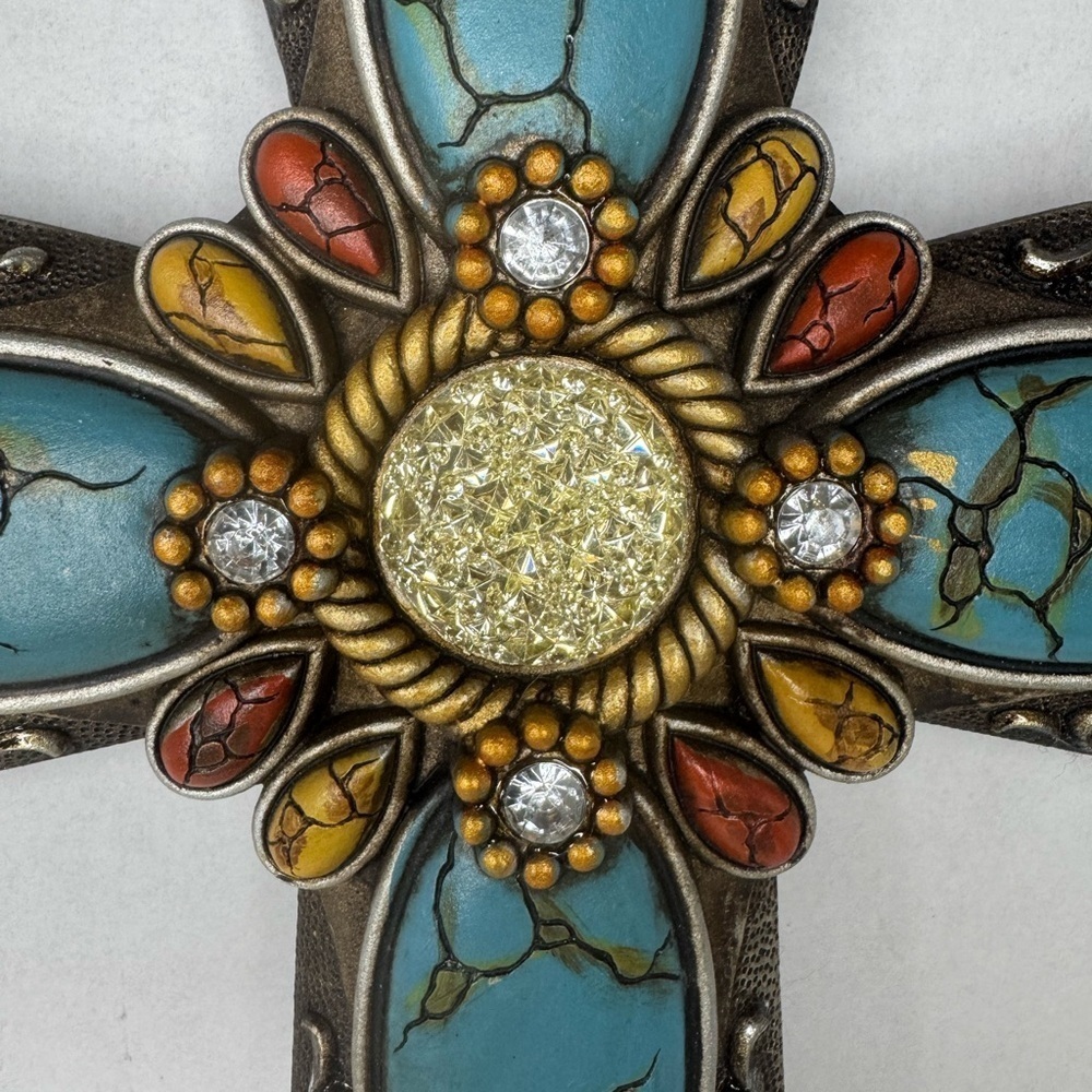 Turquoise Wall Cross Rhinestones Antique Silver Tone  18". - Picture 11 of 11